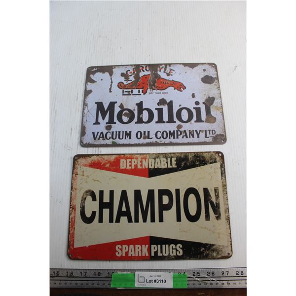 Mobiloil and Champion Signs 12'' x 8''