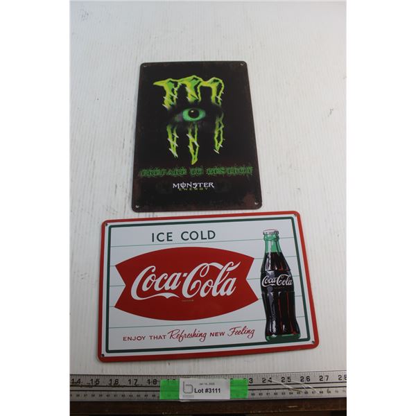 Coca Cola and Monster Energy Signs 12'' x 8''