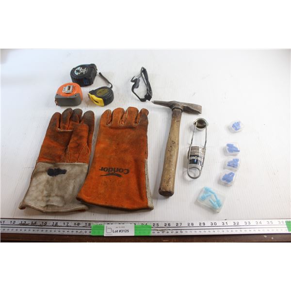 Welders Hammer, Flint Spark, Ear Plugs, Welders Mints, Safety Glasses and Tape Measure