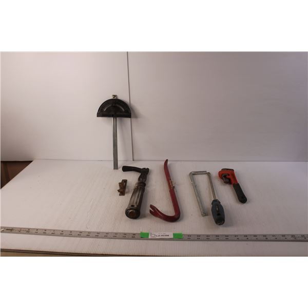 Lot of Tools- Wrecking Bar, Pipe Wrench, Miter Gauge, Misc.