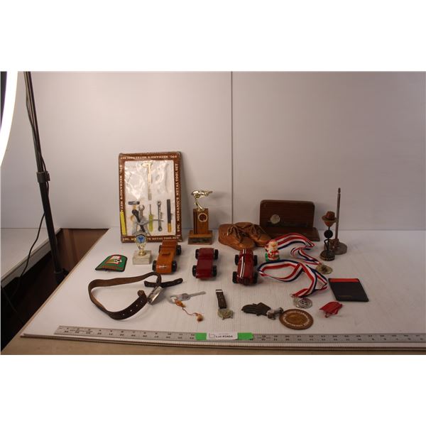 (3) Wood Toy Cars, Various Medals, Miniature Mechanic's Toolset