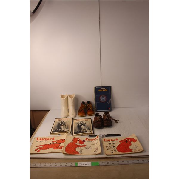 (3) Vintage Clifford Books, (3) Pairs of Decorative Infant Shoes, Misc.