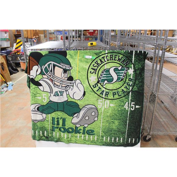 Mickey Mouse Saskatchewan Roughriders Lil' Rookie Throw Blanket- Some Staining, Approx. 46" x 56"