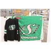 Image 1 : Pilsner Saskatchewan Roughriders Flag Approx. 56"X 36" & Saskatchewan Roughriders Sweater- XL