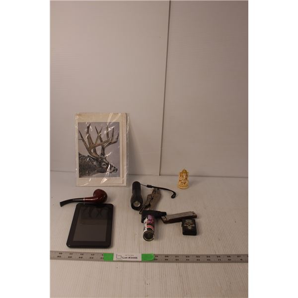 Tobacco Pipe, Smartab 7" Tablet, Harmonica, Lighter, Misc.