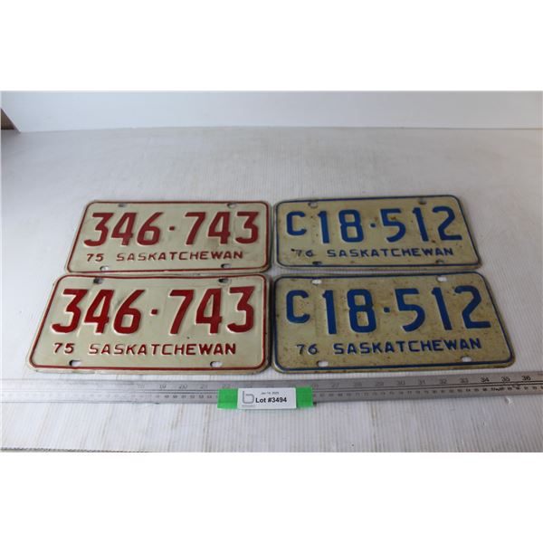 (2) Pairs Of Saskatchewan License Plates, 1975, 1976