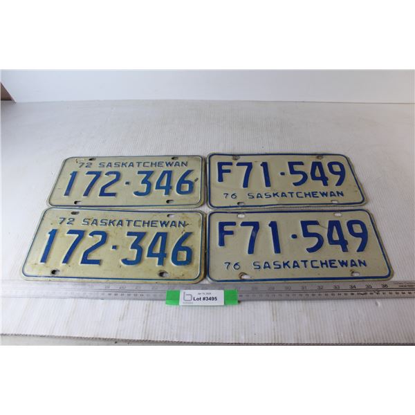 (2) Pairs Of Saskatchewan License Plates, 1972, 1976