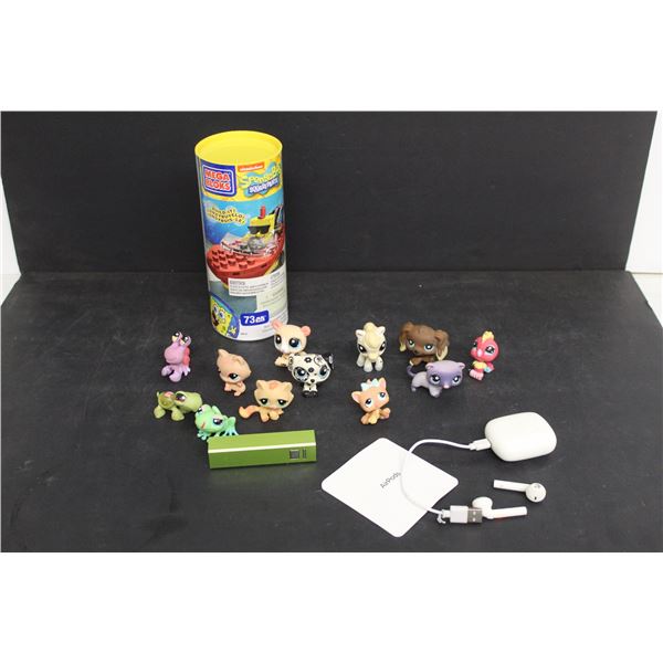 Air Pods, Power Bank - As Is, SpongeBob Mega Blocks and Littlest Pet Shop Toys