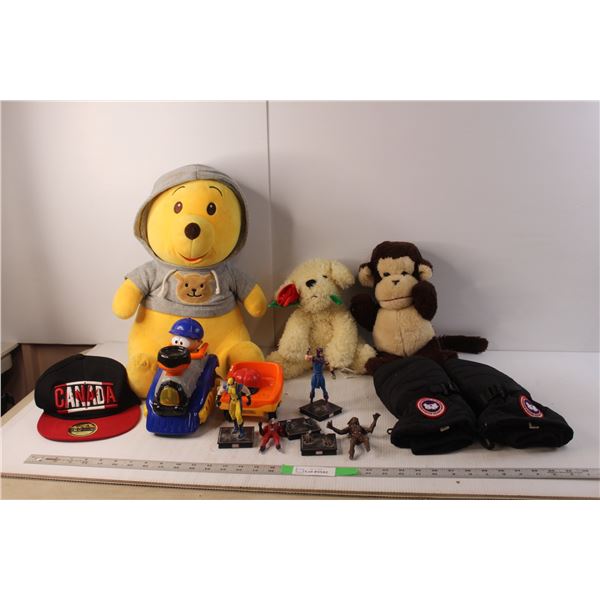 (3) Stuffed Animals- Winnie the Pooh, Monkey, Valentine's Puppy, Canada Goose Mitts, Toy Train, Cana