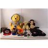 Image 1 : (3) Stuffed Animals- Winnie the Pooh, Monkey, Valentine's Puppy, Canada Goose Mitts, Toy Train, Cana