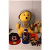 Image 3 : (3) Stuffed Animals- Winnie the Pooh, Monkey, Valentine's Puppy, Canada Goose Mitts, Toy Train, Cana