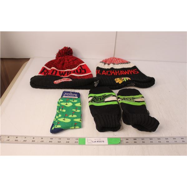 Redwings & Blackhawks Toques, Saskatchewan Rush Mittens, Golf Socks