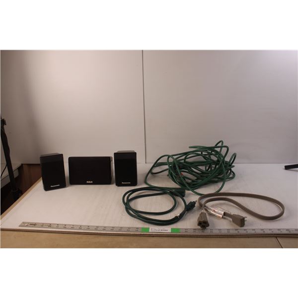 (3) Speakers- Panasonic, RCA, (3) Extension Cords, Varying Lengths