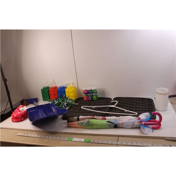 (2) Car Mats, (4) Lego Drink Containers, (2) Kids Umbrellas,