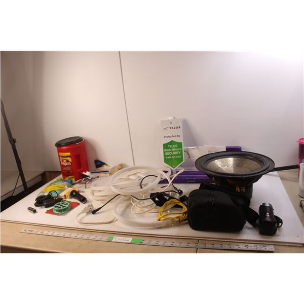 Insignia 12" Subwoofer, Telus Security Lawn Sign, Sony HDR-CX405 Camcorder, Color Changing Flex Ligh