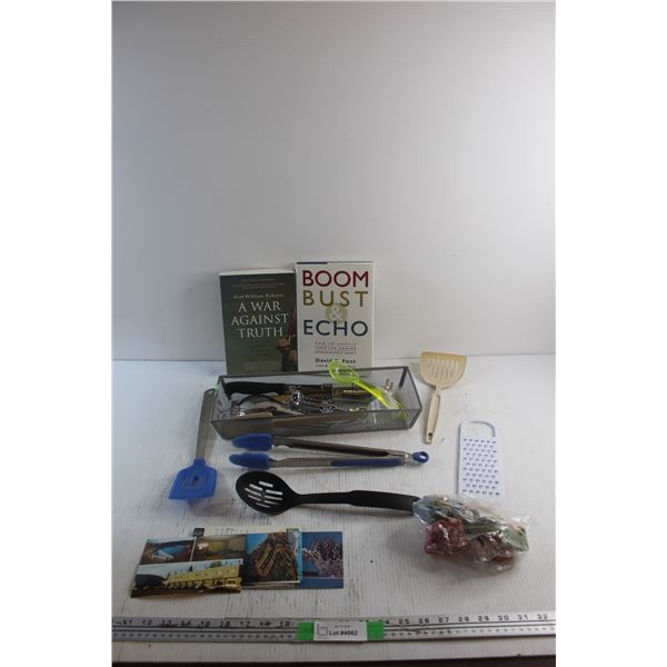 Kitchenware - Tongs, Cheese Grater, Whisk, Spatula and Misc., Post Cards, Erasers and Books