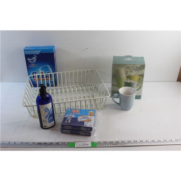 (3) Stoneware Mugs, Dish Rack, Finish Deep Cleaning Powder, Mr. Clean Magic Eraser and Laundry Liqui