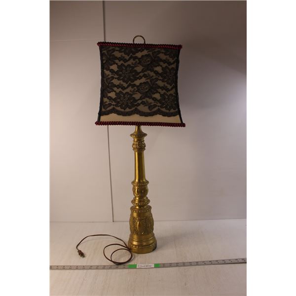 Vintage Gold Colored Lamp with Lace Shade- Working, 34" Tall