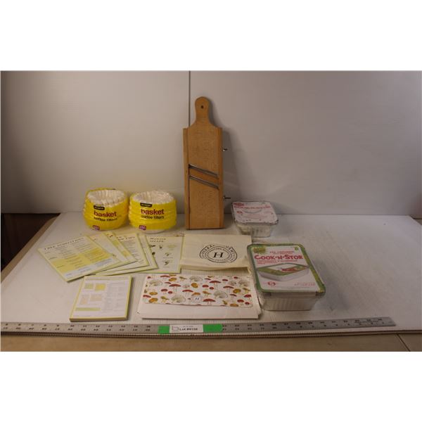 (2) Sets of Foil Containers, (2) Sets of Coffee Filters, Wood Grating Board, Mushroom Identification