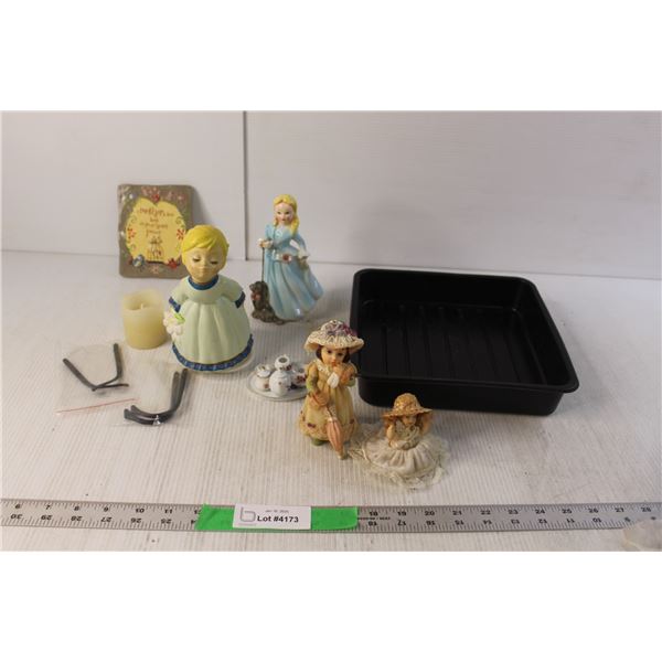 Miniature Tea Set, (3) Doll Figurines, Musical Spinning Doll, Misc.