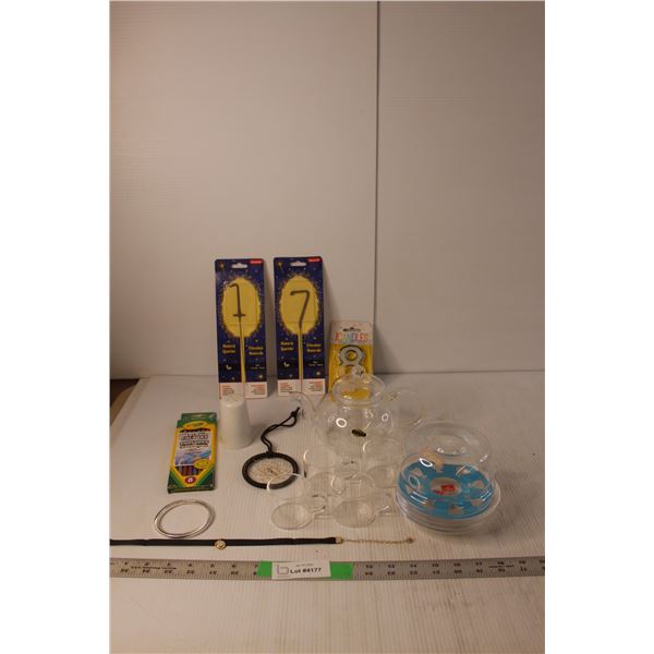 (3) Birthday Candles, Blinkmax Dish Set, Car Dreamcatcher, Misc.