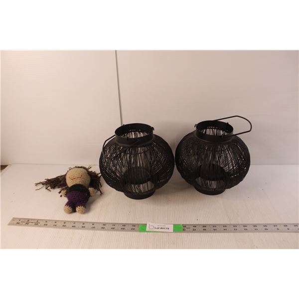 (2) Hanging Candle Holders 11" Tall x 8" Wide & Hand Sewn Doll