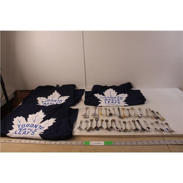 (33) Vintage Souvenir Spoons & (3) Molson Toronto Maple Leafs Adult T-shirts- M