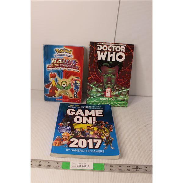 (3) Kids Books- Pokemon Kalos Region Handbook, Doctor Who, Game On! 2017