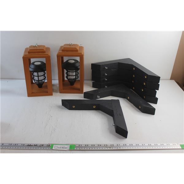 (2) Outdoor Lanterns and (6) Wooden Shelf Brackets