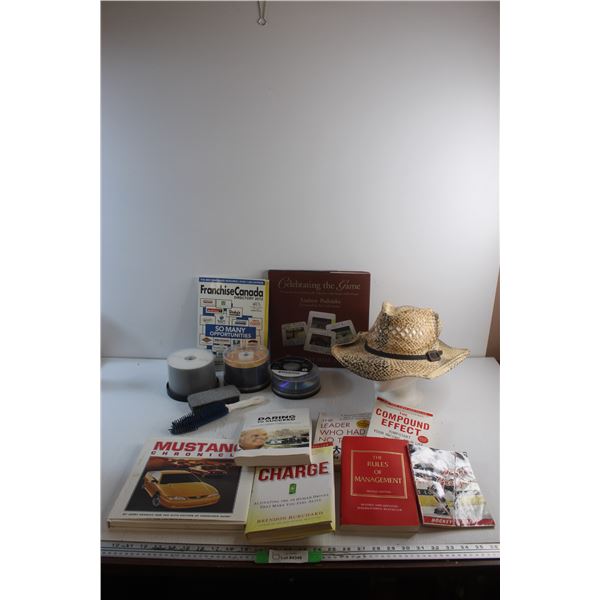 (9) Books, CDs, Wicker Hat and Fur Brush