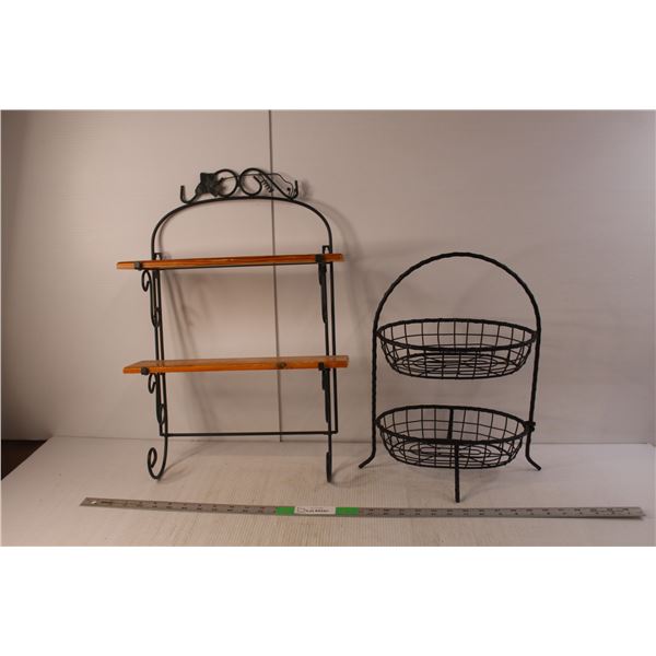 Wood and Metal Wall Shelf 23" Tall x 15.25" Wide & 2-Tier Metal Basket 16.5" Tall x 14" Wide