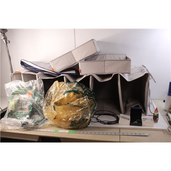 (3) Necklaces, Plastic Storage Tote- No Lid, (2) Greenhouse Covers, Fabric Storage Containers, Misc.