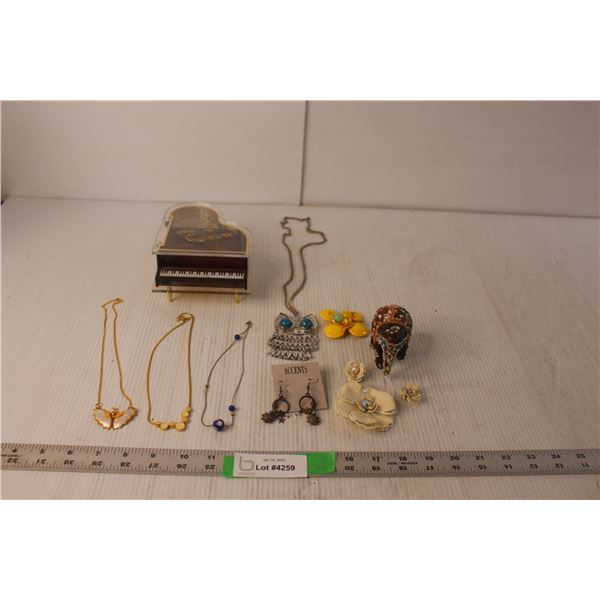 Piano Music Box, Jewelry- Necklaces, Earrings, Broaches, Elephant Figurine