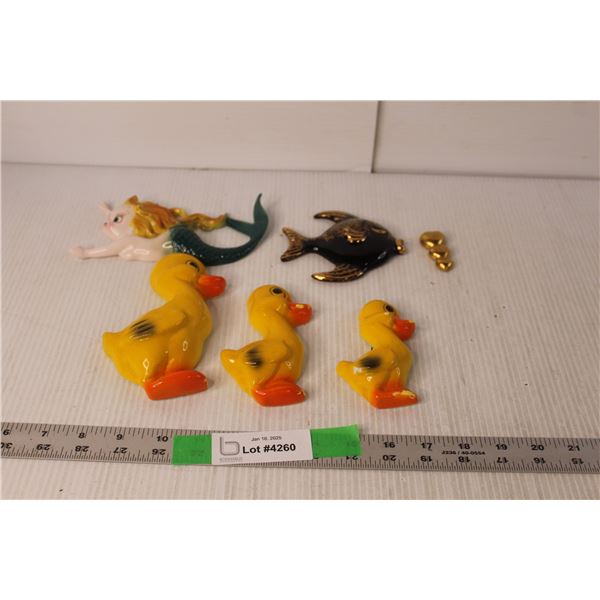 (6) Ceramic Wall Figurines- Fish, Mermaid, Ducks, Hearts