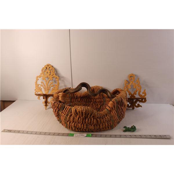 Woven Basket 18" Long, (2) Wood Decorative Shelves, Ceramic Frog