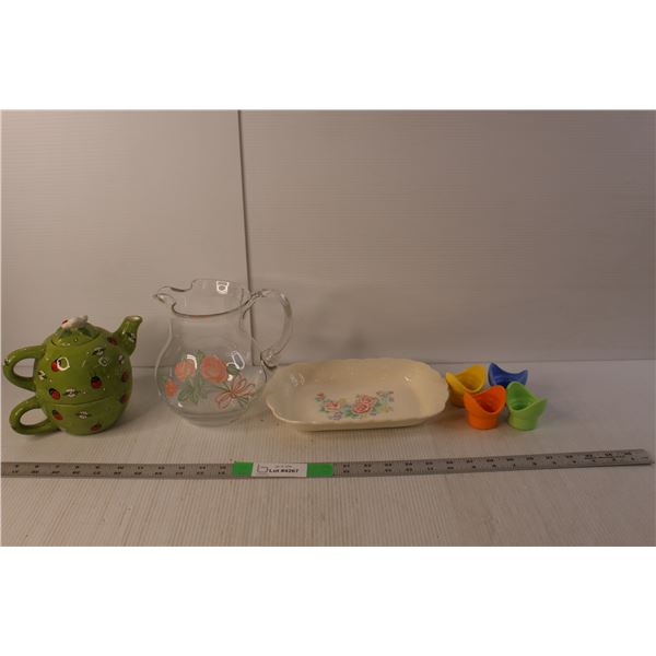 Glass Rose Pitcher, Ceramic Tea Pot & Cup, Ceramic Serving Tray, (4) Egg Cups