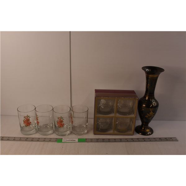 (2) Sets of 4 25th Anniversary Glasses, Brass Vase 12" Tall