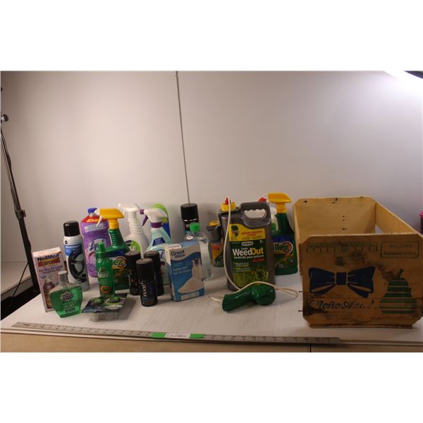 Chemicals Lot- Weed Killer, Axe Body Spray, Lysol, Mold Control, Odor Eaters, Misc. & Wood Crate