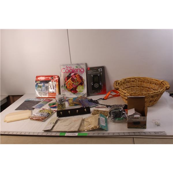 Digital Meat Thermometer Sealed, Wicker Basket, (2) Solar Railing Lights NIB, Misc.