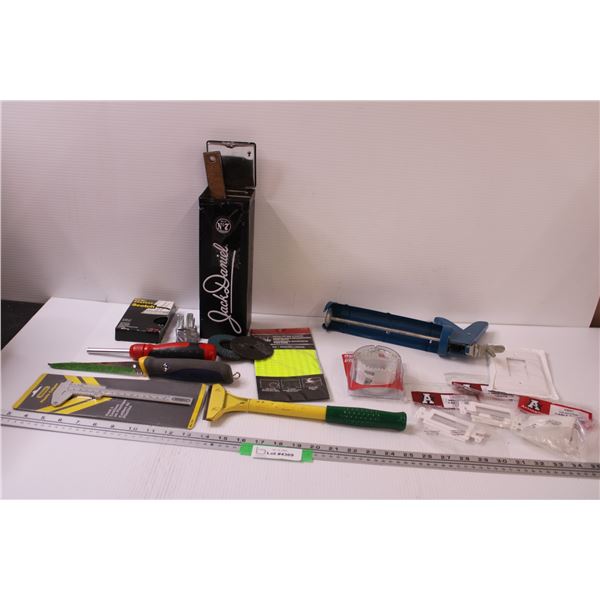 Tool Lot: Caliper, Hole Saw, Scrapper, Caulking Gun, Brush Cable Entry Holder, Various Grinder Adapt