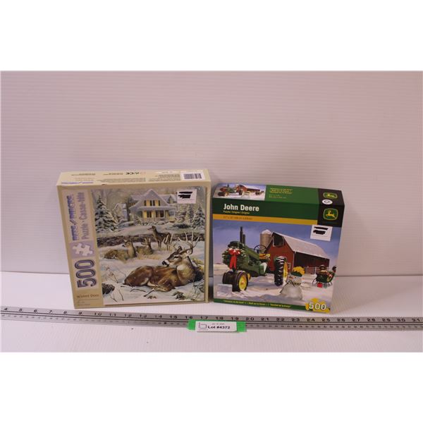 (2) Puzzles: John Deere Tractor & Winter Deer Scene - As Is