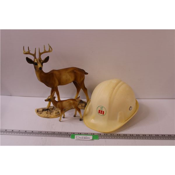 Vintage Hard Plastic Deer Decor (One Has Hoof Damage) & Robin Hood Hard Hat