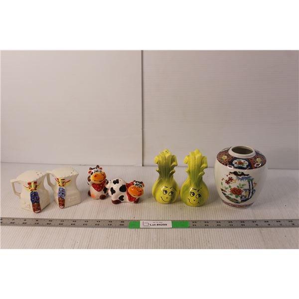 (3) Sets of Ceramic Salt & Pepper Shakers, Porcelain Vase