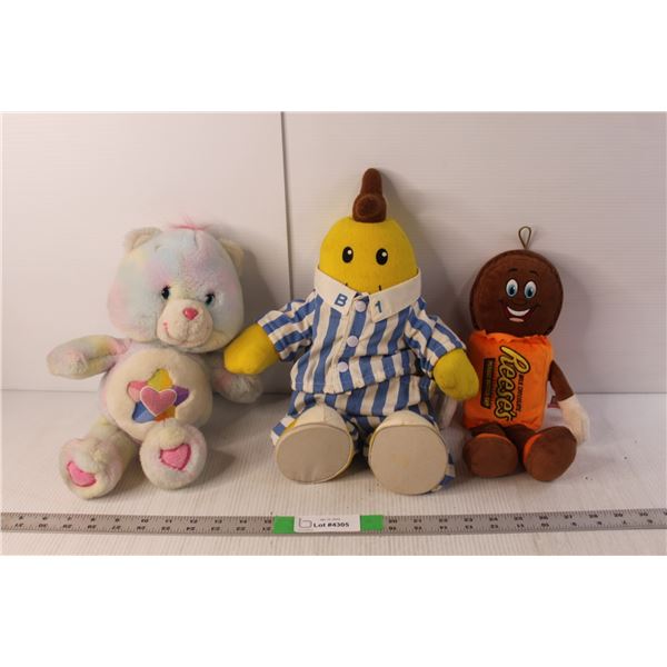 (3) Stuffies- Bananas in Pyjamas-Sings, Reese's Peanut Butter Cup, Care Bears