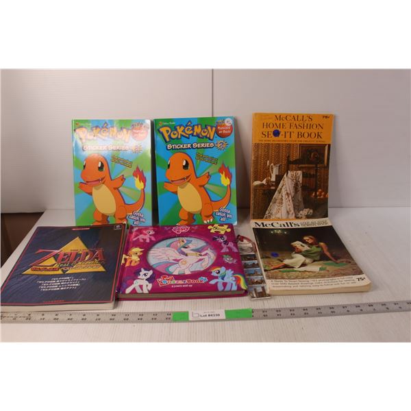 (2) Pokemon Sticker Activity Books, (2) McCall's Fashion Books, My Little Pony Puzzle Book. Zelda Mu