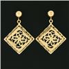 Image 2 : 14k Yellow Gold Detailed Filigree Floral Open Work Squared Drop Dangle Earrings
