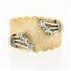 Image 4 : Vintage 14k Gold Diamond Florentine Finish Scalloped Edge Concave Wide Band Ring