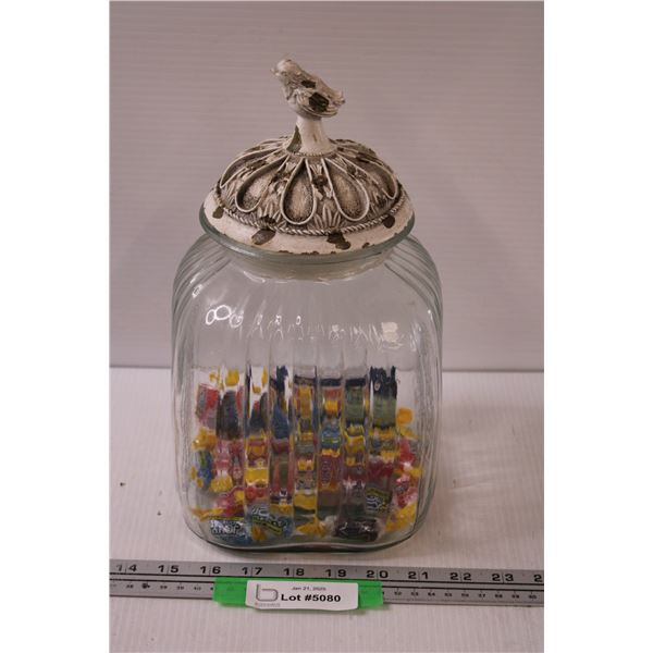 Glass Kitchen Apothecary Style Canister w/Metal Lid (Birds Tail Broke, Slight Crack in Corner) - 11.