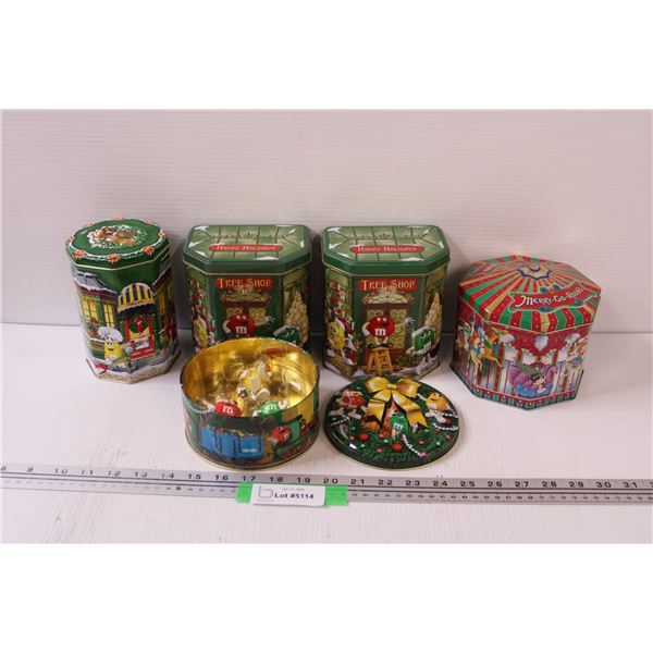 (5) M & M's Collector Tins: (3) Christmas Tree Ornaments in One Tin - Rest of Tins are Empty