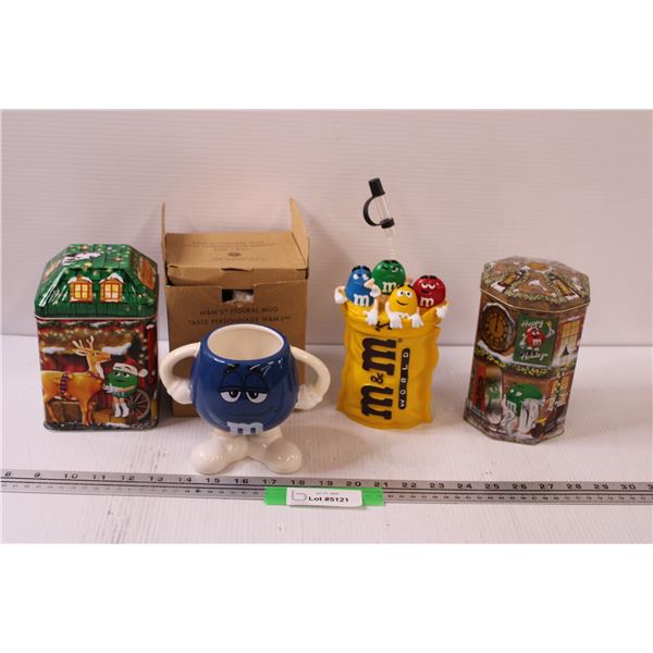 M & M's Lot: Blue Mug, Water Bottle, (2) Collector Tins (Empty)